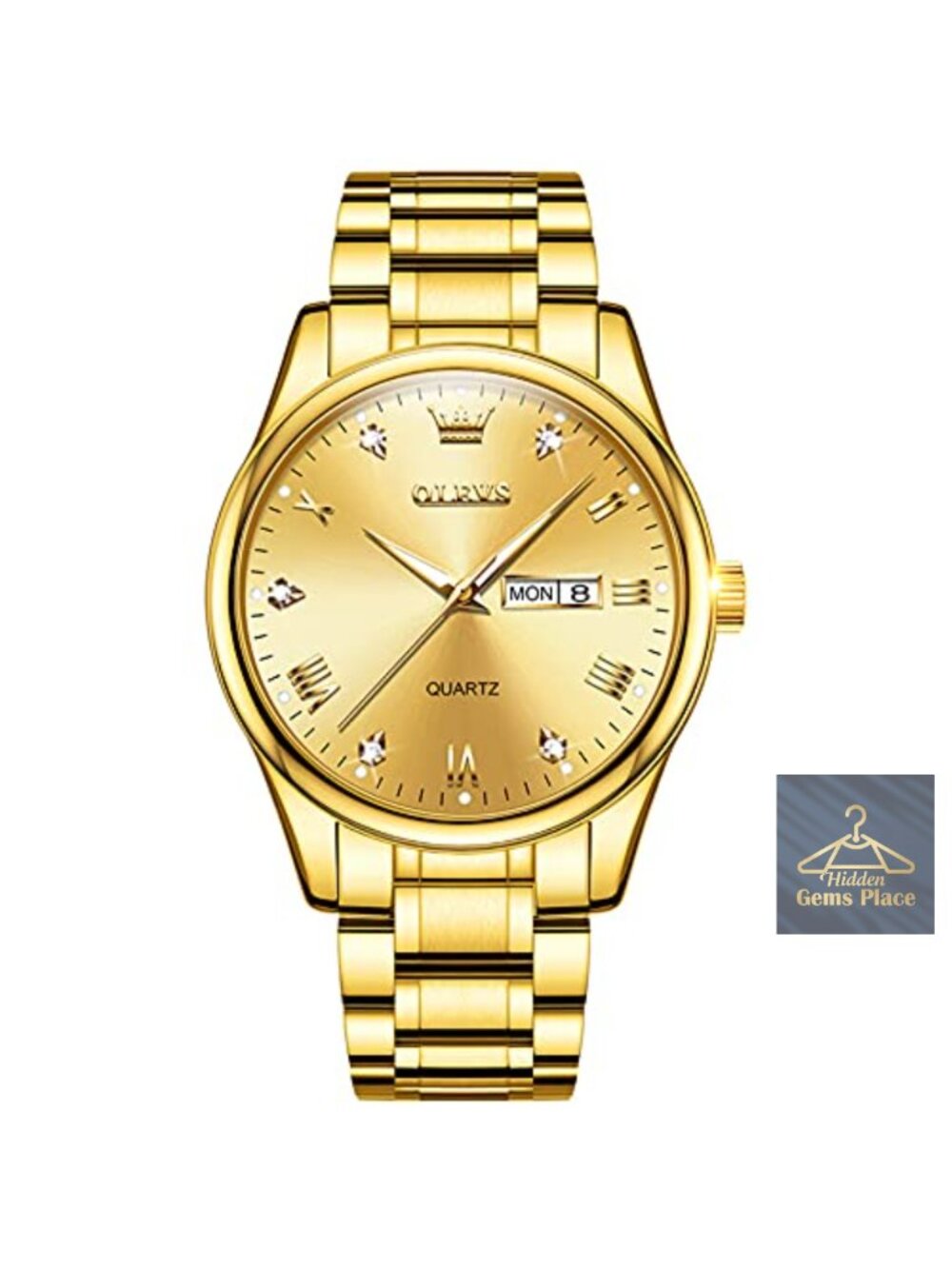 Luxury Stainless Steel Men's Quartz Watch Day Date Waterproof Gold-Tone